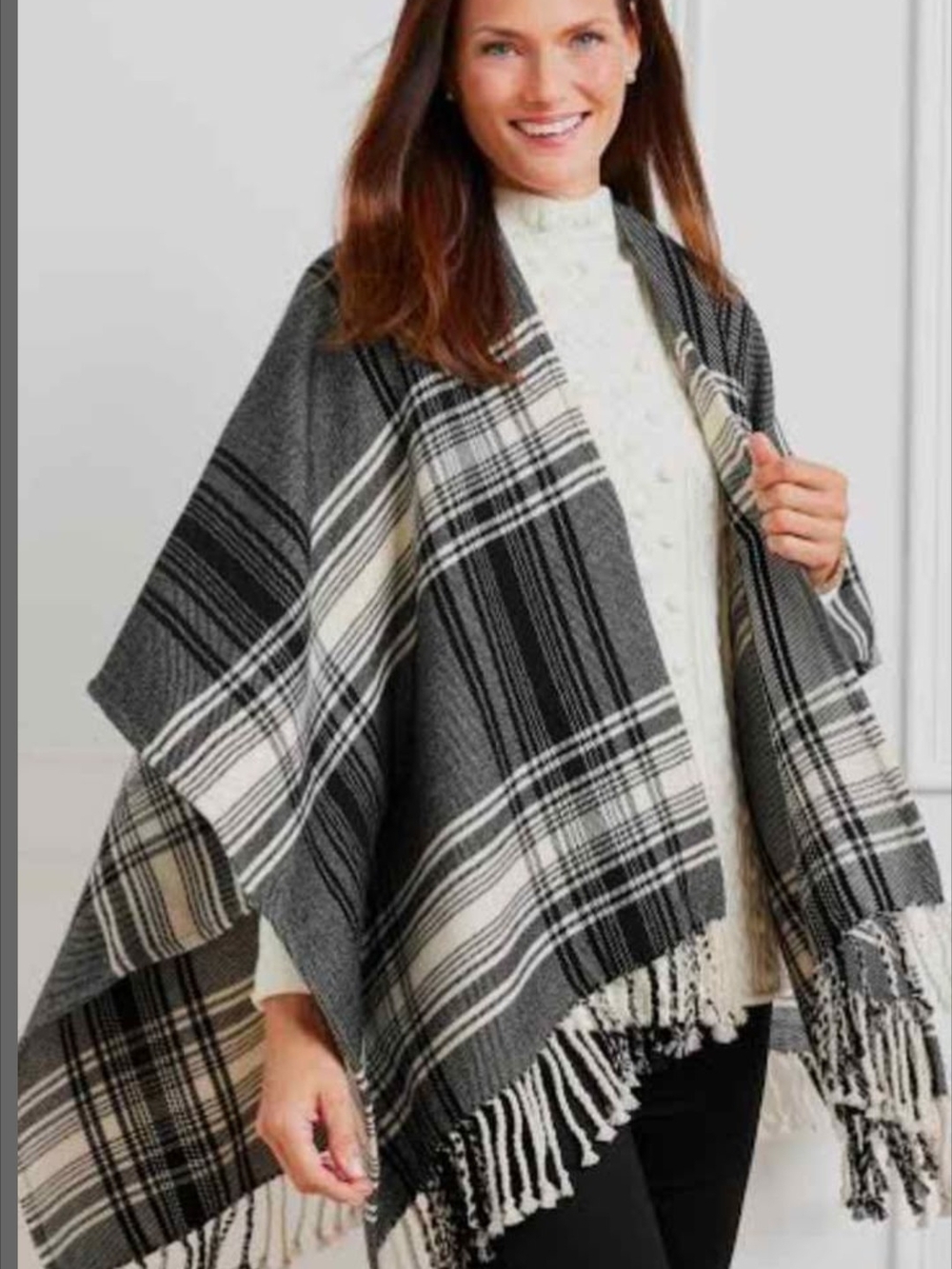 NWT Talbots Gray & Cream Plaid Fringe Poncho